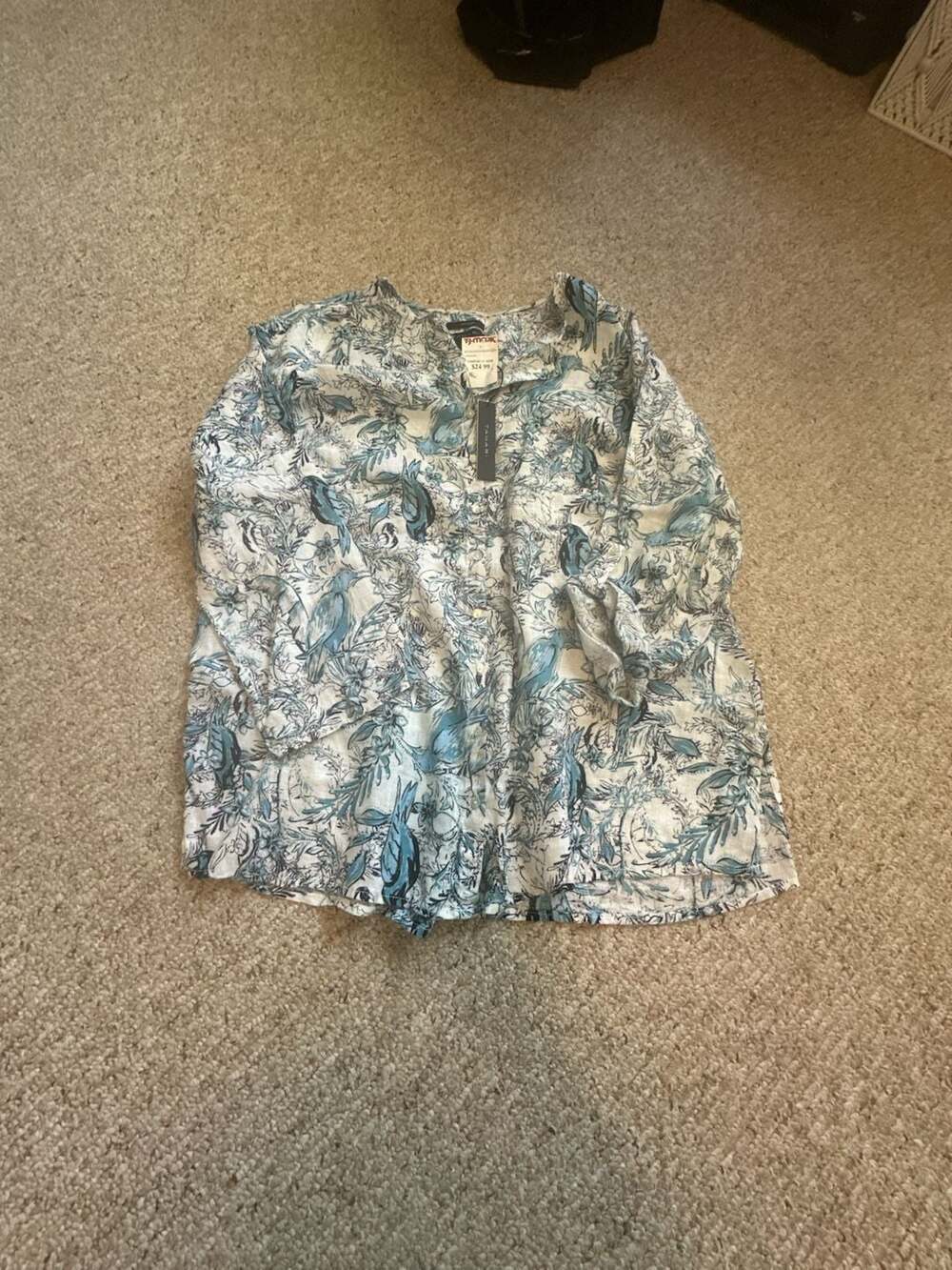 Tahari 100% Linen Blue Bird Floral Button Down Shirt Tunic Top 1X